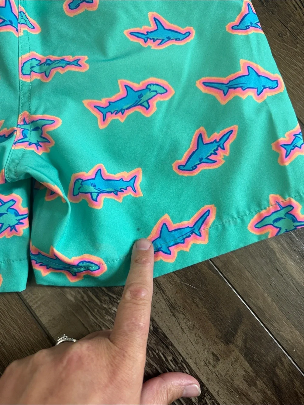 chubbies Mint Swim Trunks with Blue and Pink Shark Print